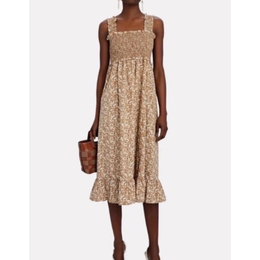 Rails Rumi Smocked Floral Print Sand Chrysanthemum Midi Dress Organic Women's M
